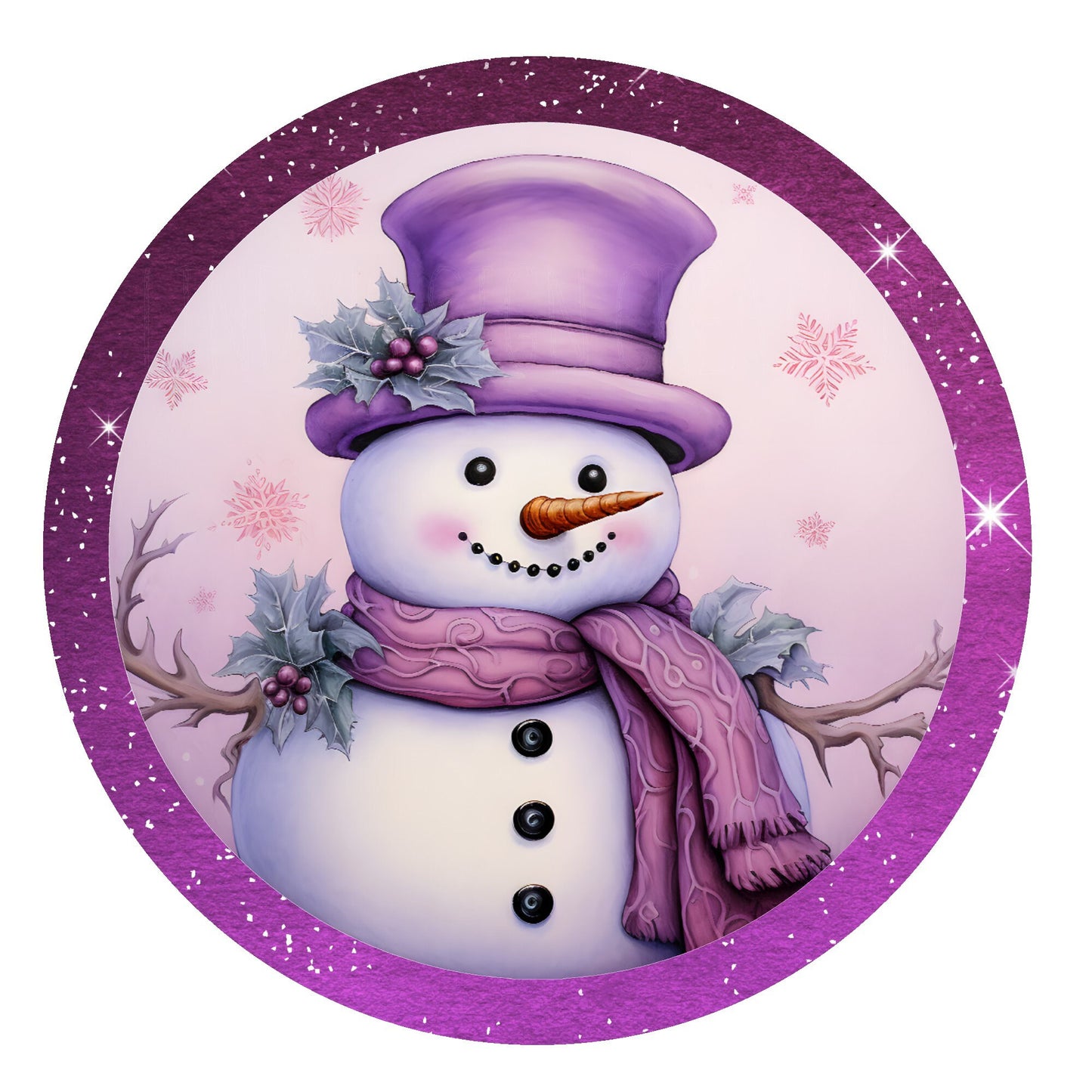 Purple and pink snowman wreath sign, metal wreath sign, round wreath sign, winter wreath sign, door decor, Lindys sign creations