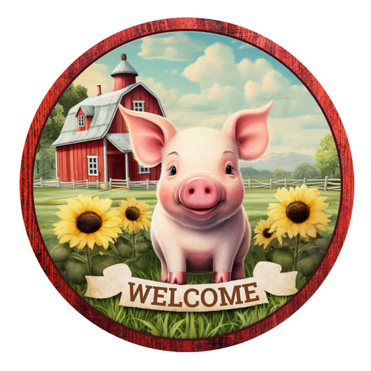 Cute pig fall welcome wreath sign, metal wreath sign, round wreath sign, Lindys sign creations