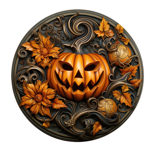 Faux 3D jack-o-lantern wreath sign, metal wreath sign, round wreath sign, door decor, Lindys sign creations