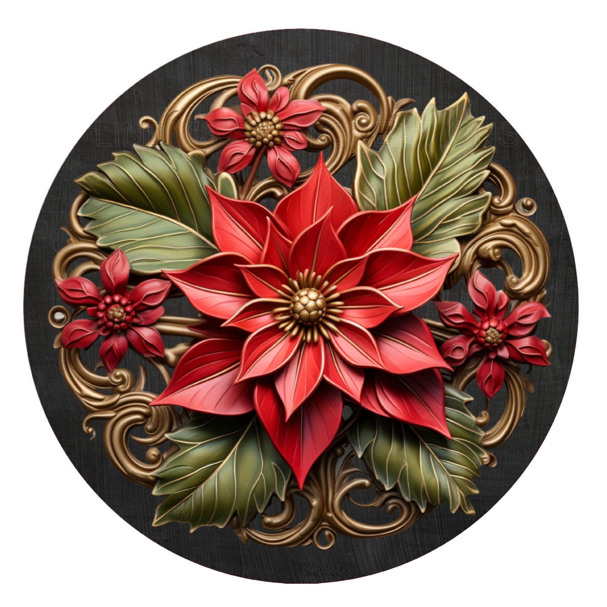 Faux 3D poinsettia wreath sign, metal wreath sign, round wreath sign, home decor, Lindys sign creations