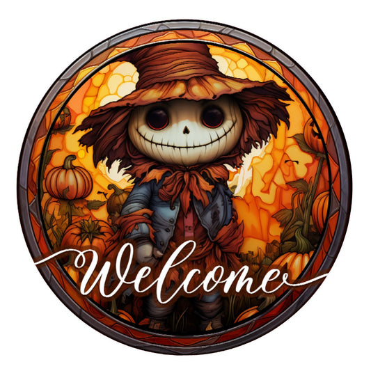 Welcome scarecrow wreath sign, fall wreath sign, metal wreath sign, round wreath sign, Lindys sign creations