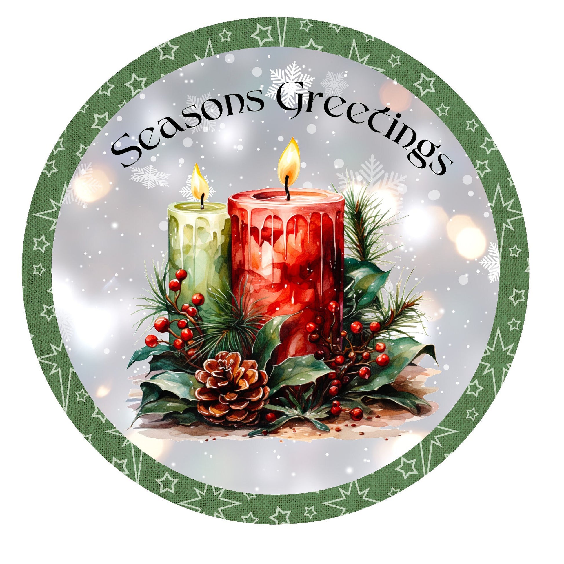 Seasons greetings candle wreath sign, metal wreath sign, signs for wreaths, round wreath sign, door decor, Lindys sign creations