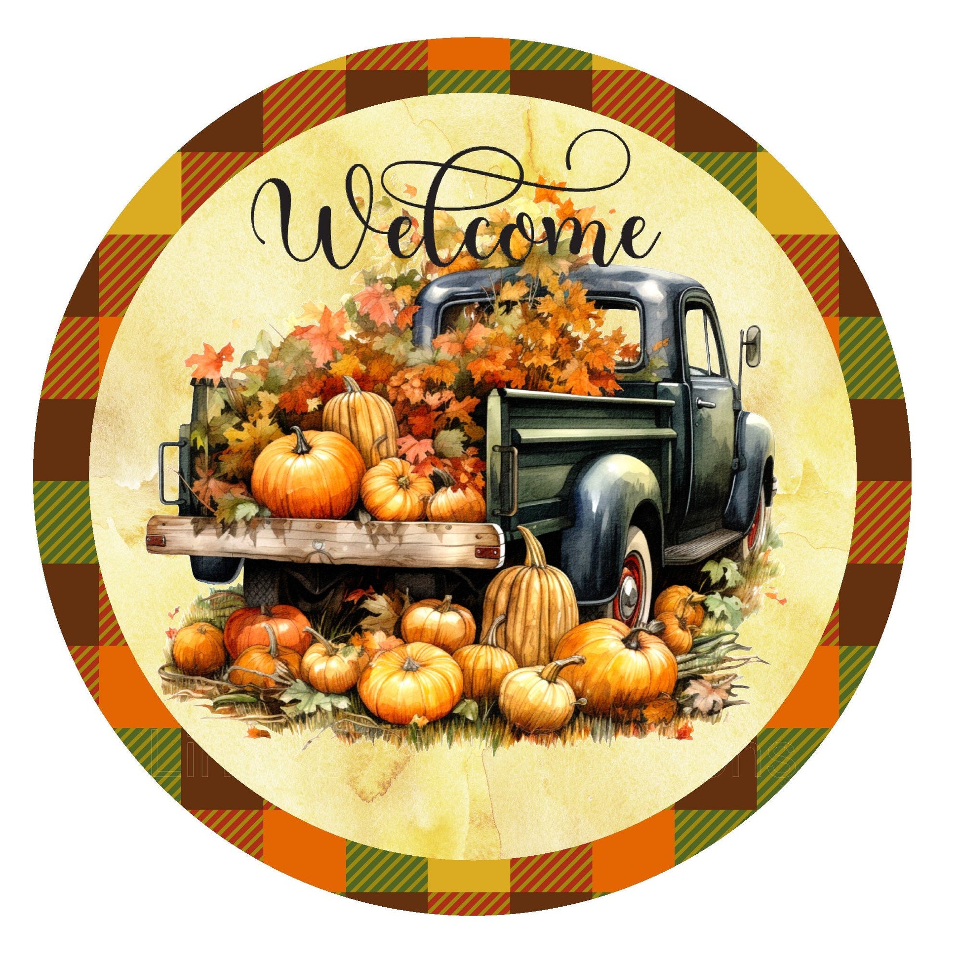 Fall welcome truck with pumpkins wreath sign, metal wreath sign, round wreath sign, door decor, Lindys sign creations