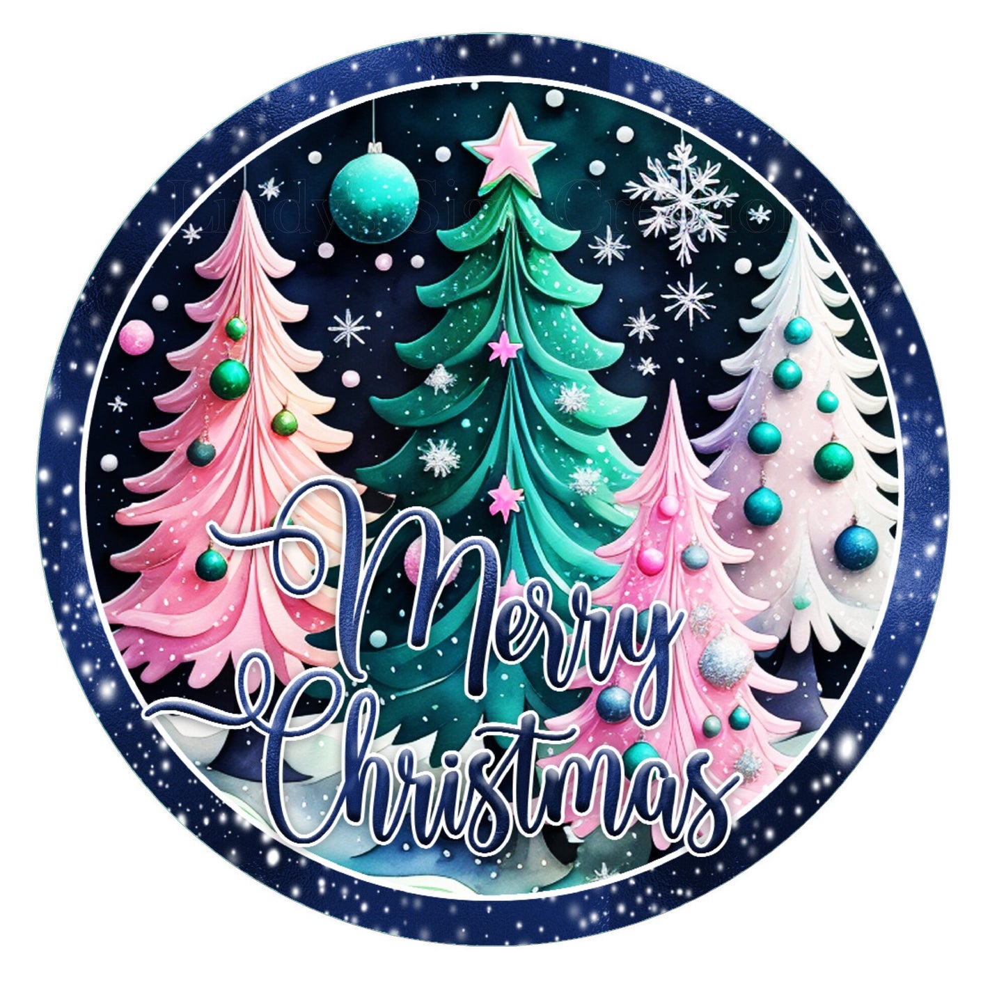 Merry Christmas pink and blue Christmas trees wreath sign, metal wreath sign, round wreath sign, Lindy's Sign creations