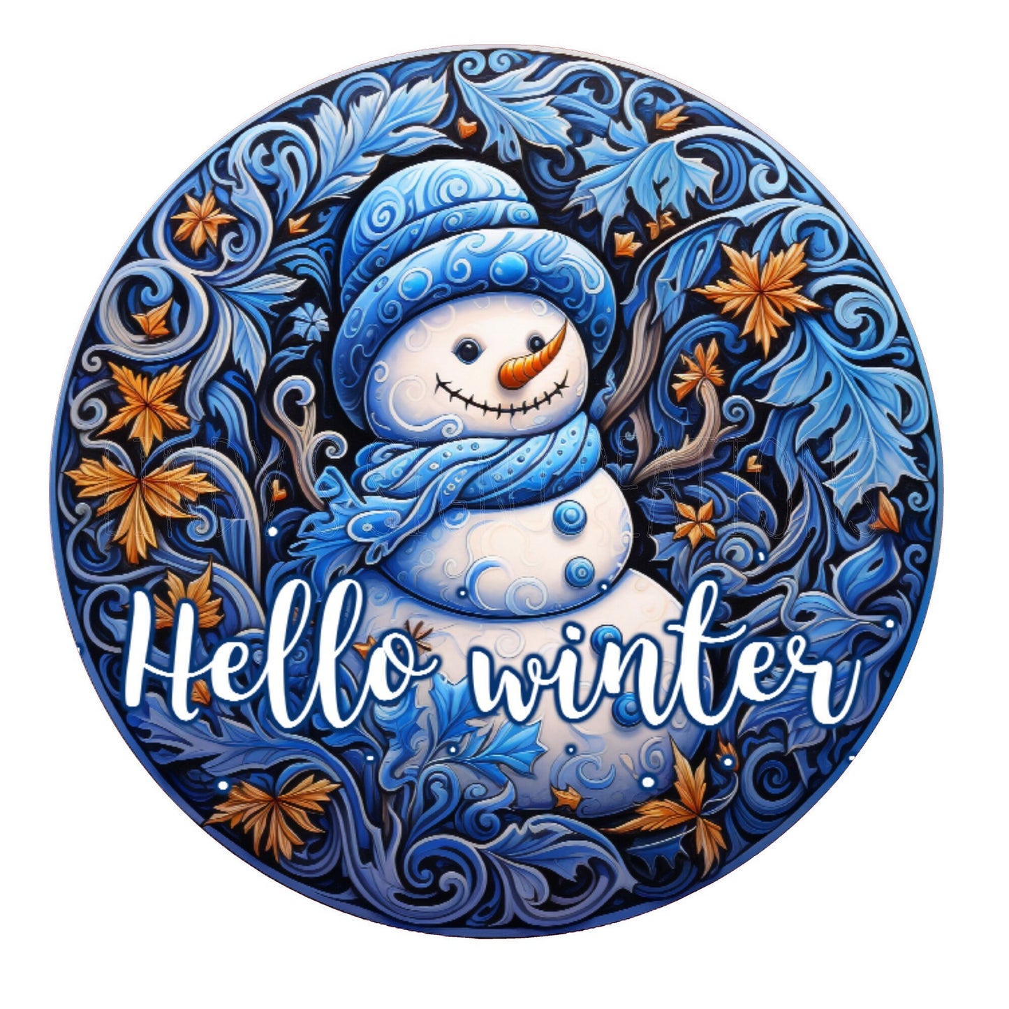 Blue hello winter snowman wreath sign, metal wreath sign, round wreath sign, door decor, Lindys sign creations