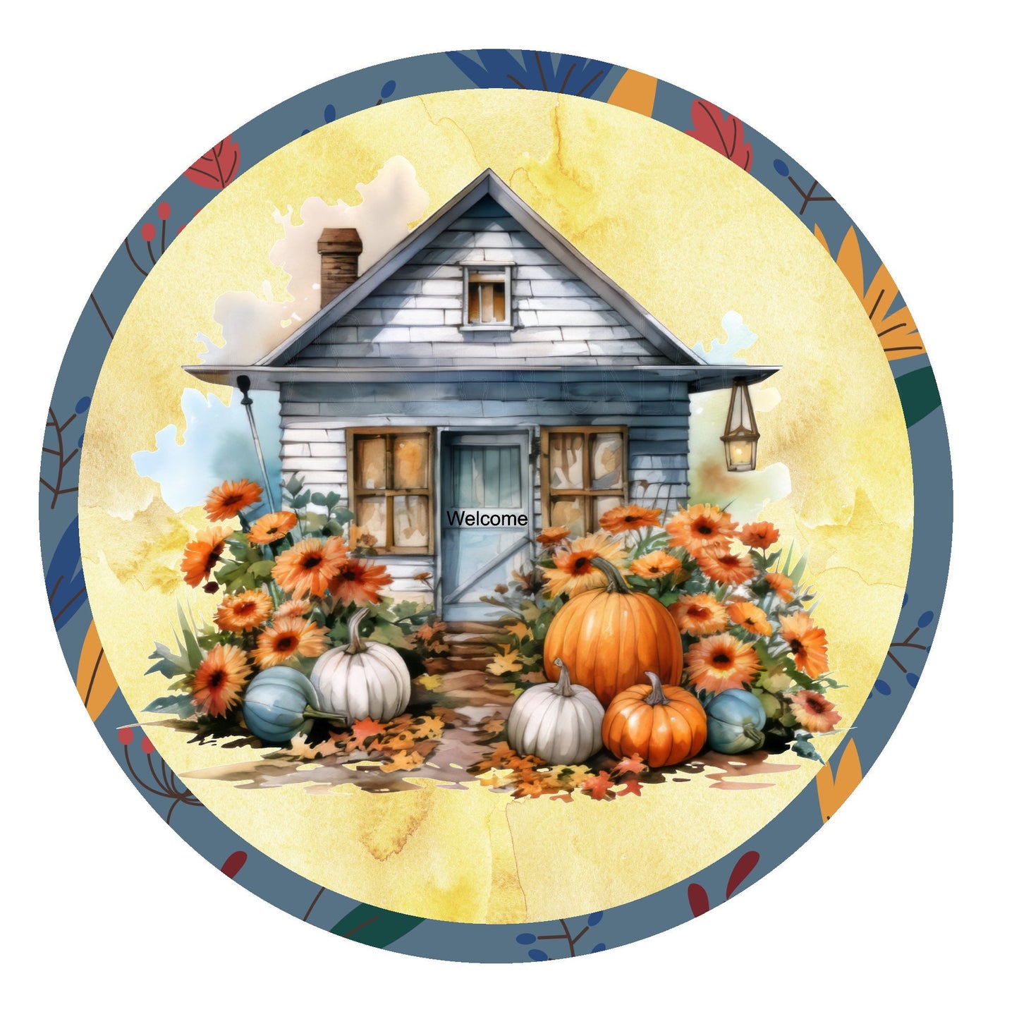 Welcome house with pumpkins wreath sign, fall wreath sign, metal wreath sign, door decor, round wreath sign, Lindys sign creations