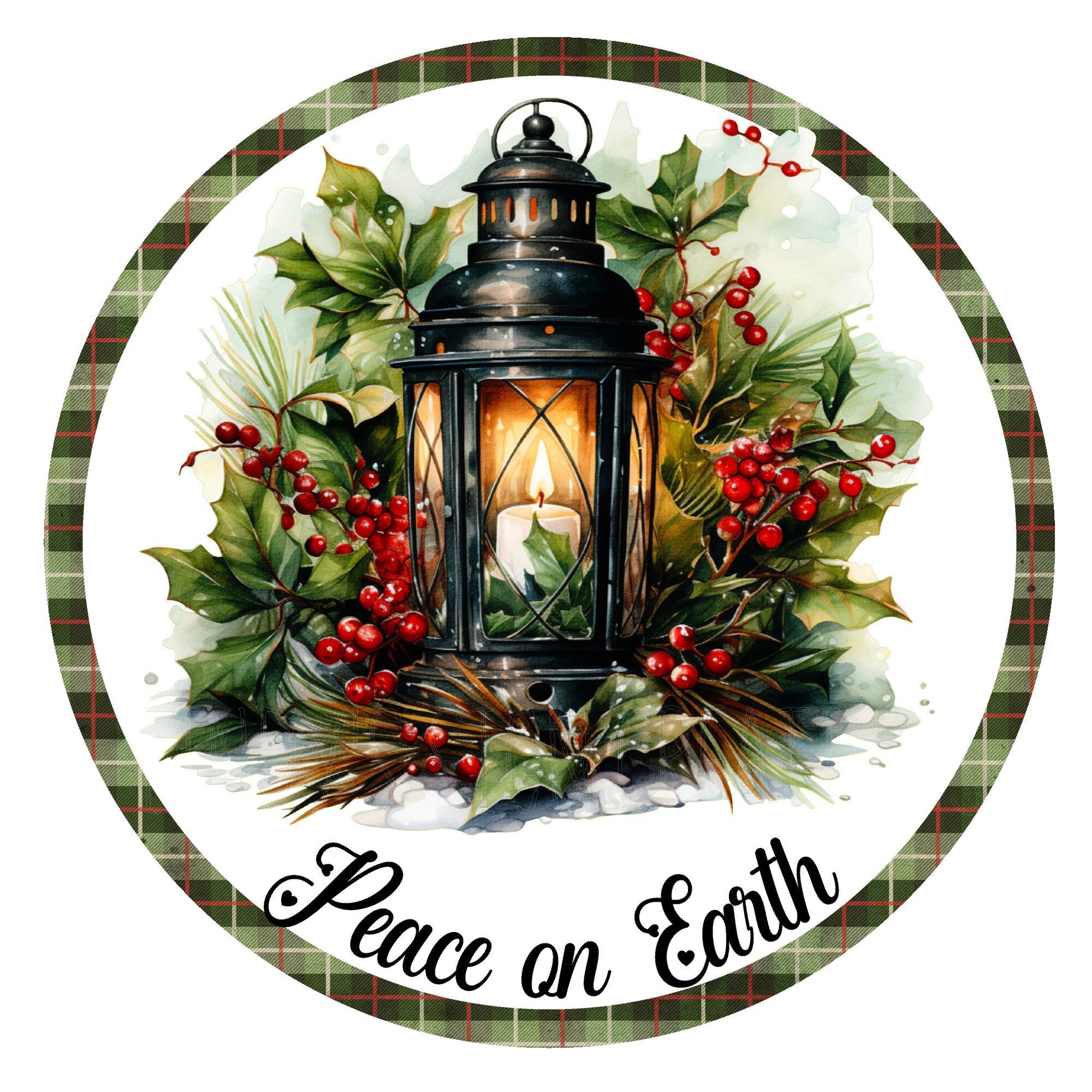 Peace on earth Christmas lantern wreath sign, metal wreath sign, round wreath sign, door decor, Lindys sign creations