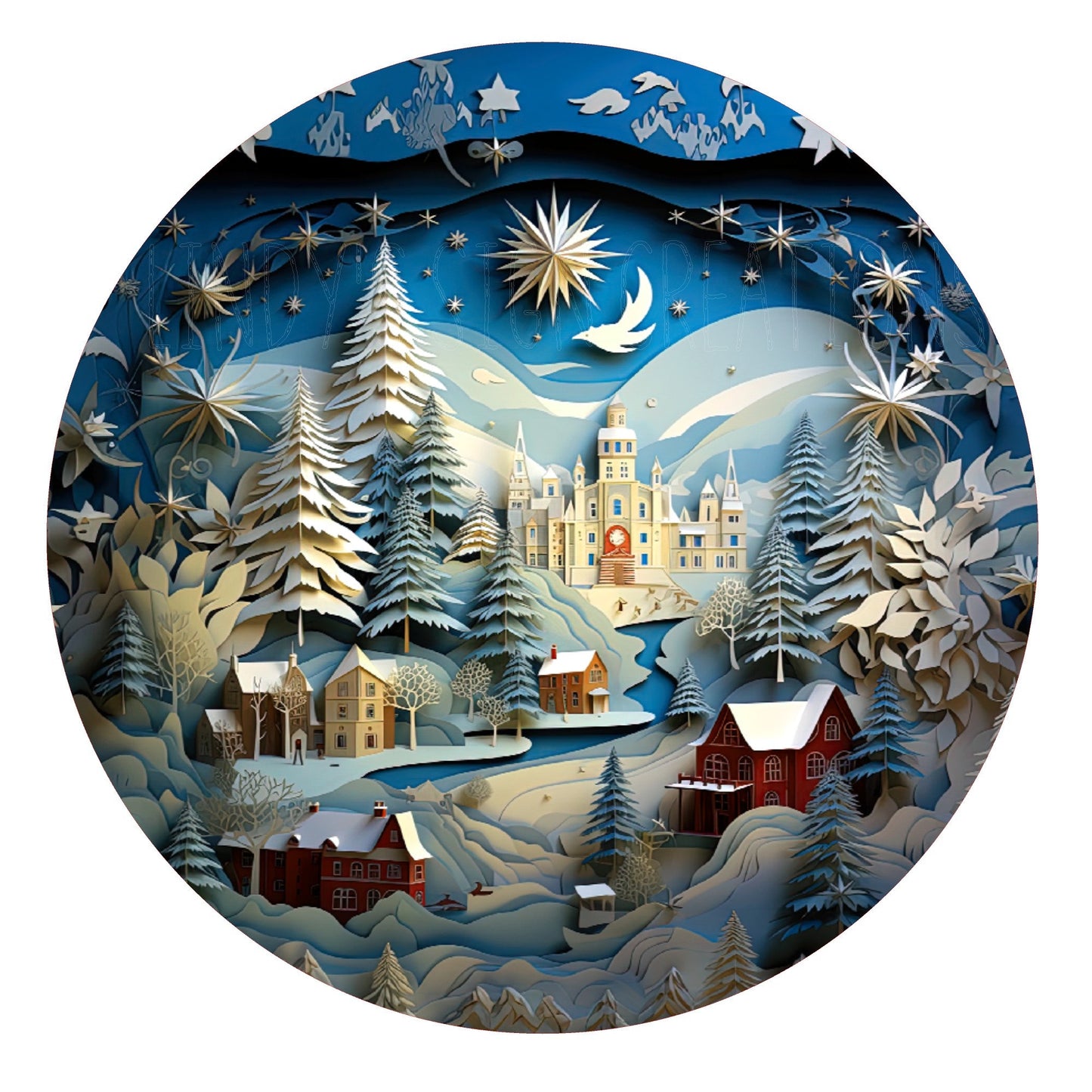 Winter village faux 3D wreath sign, metal wreath sign, round wreath sign, door decor, Lindys sign creations