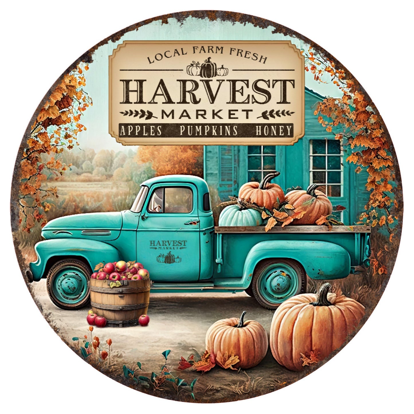 Harvest market teal truck fall wreath sign, metal wreath sign, round wreath sign, Lindys sign creations