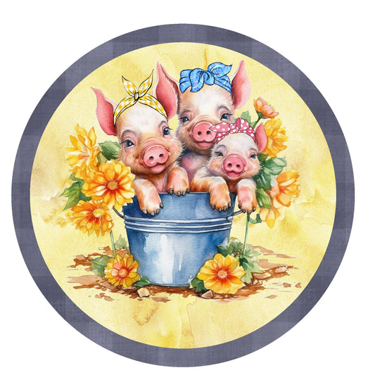 Cute pigs in bucket fall wreath sign, metal wreath sign, round wreath sign, Lindys sign creations