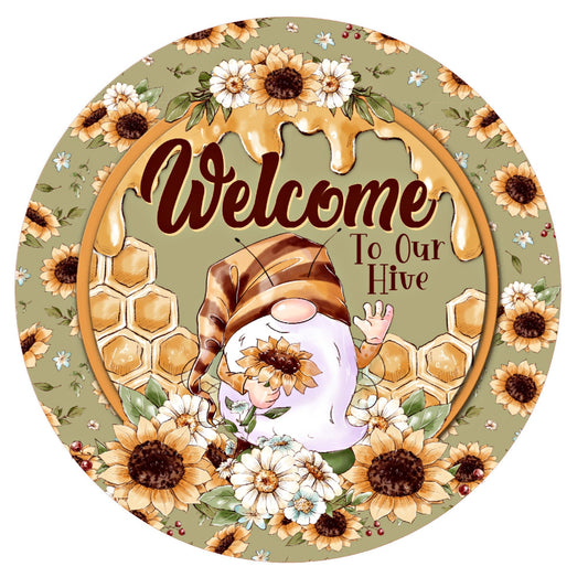 Welcome to our hive gnome wreath sign, metal wreath sign, round wreath sign, door decor, Lindys sign creations