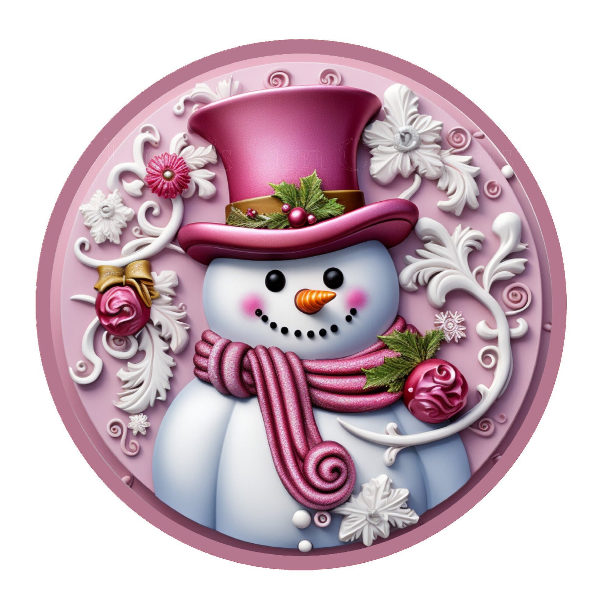 Snowman with pink scarf and tophat wreath sign, metal wreath sign, round wreath sign, home decor, Lindys sign creations