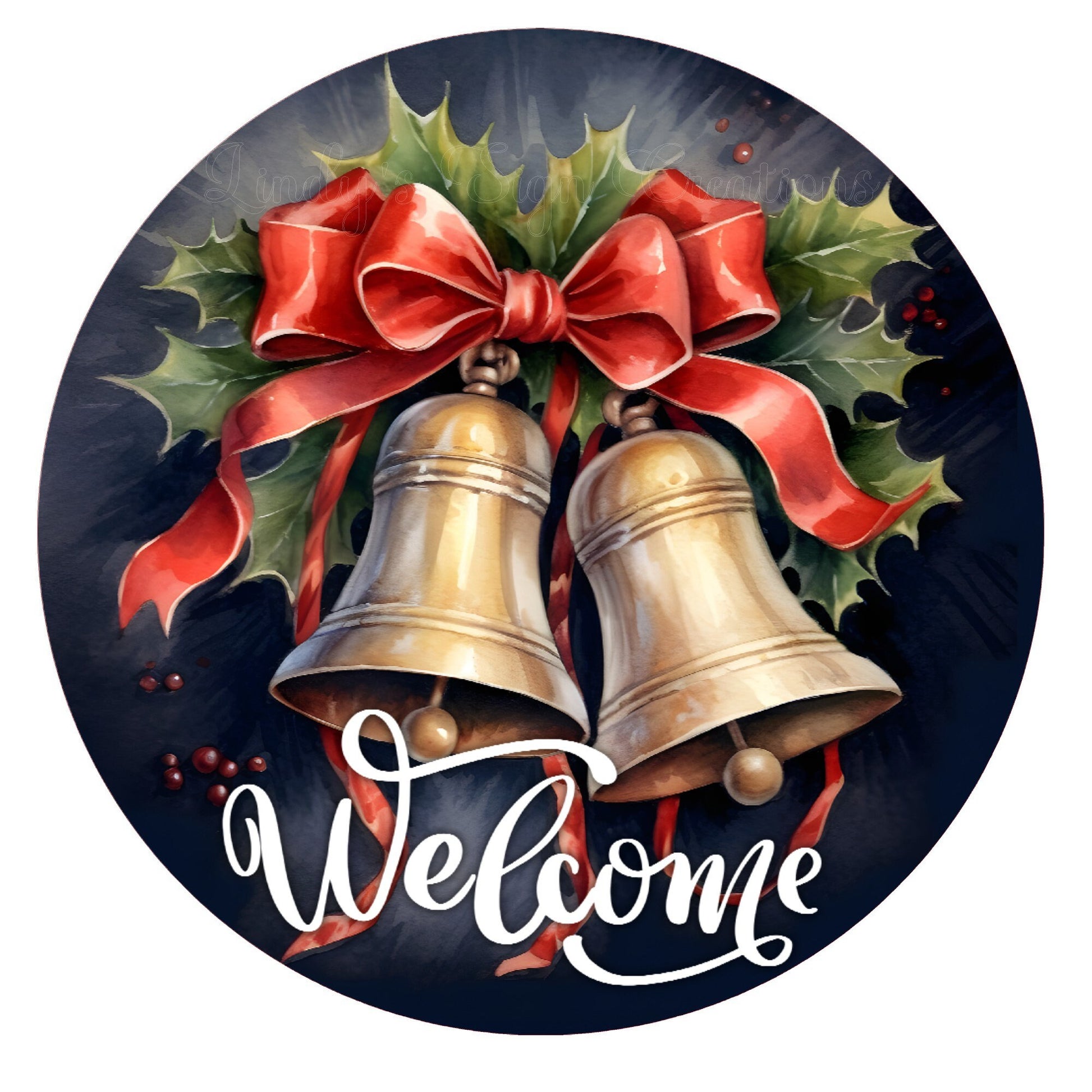 Gold bells welcome wreath sign, metal wreath sign, round wreath sign, Christmas signs, Lindys sign creations