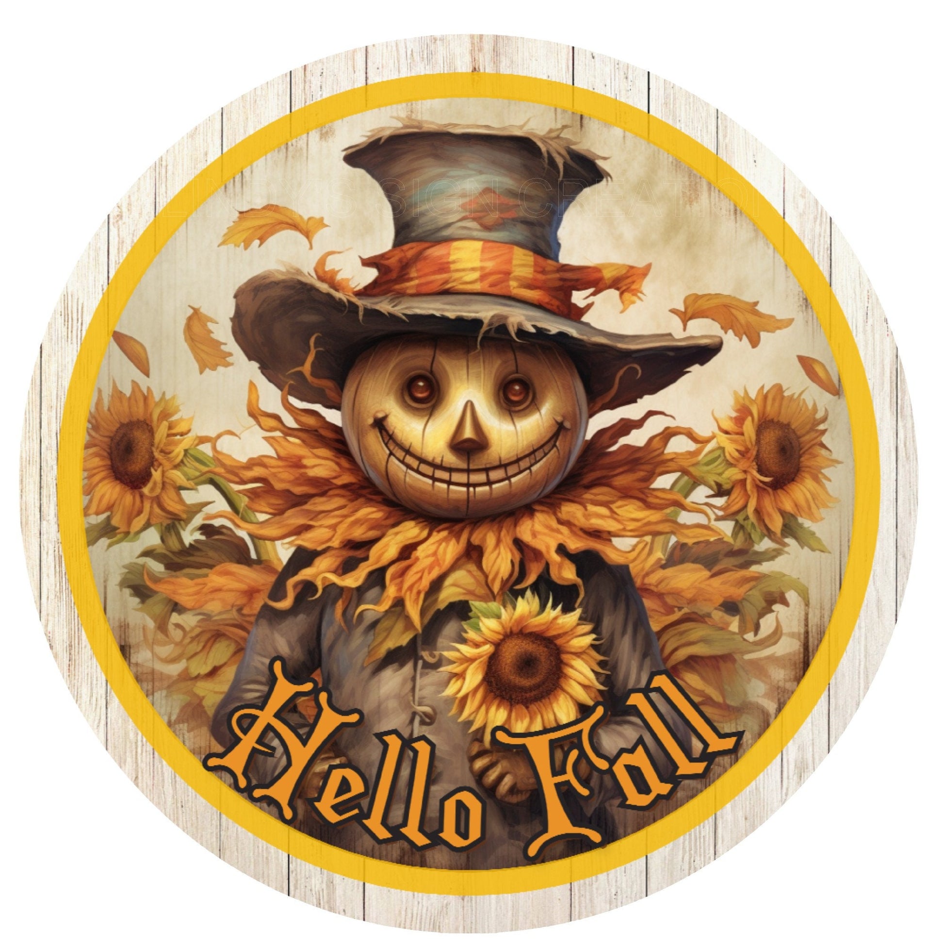 Hello fall scarecrow wreath sign, metal wreath sign, round wreath sign, home decor, Lindys sign creations