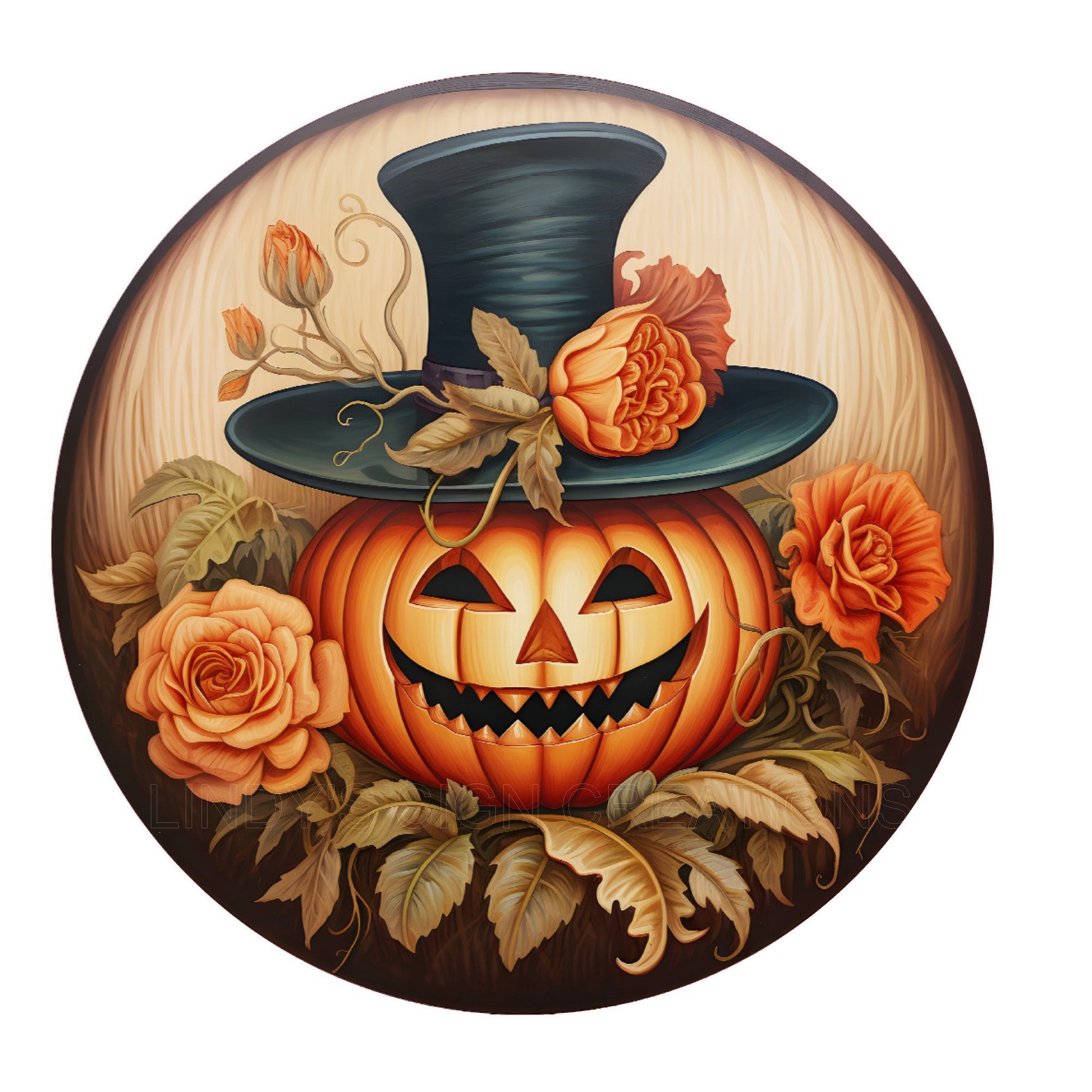 Smiling pumpkin with top hat wreath sign, metal wreath sign, round wreath sign, home decor, Lindys sign creations