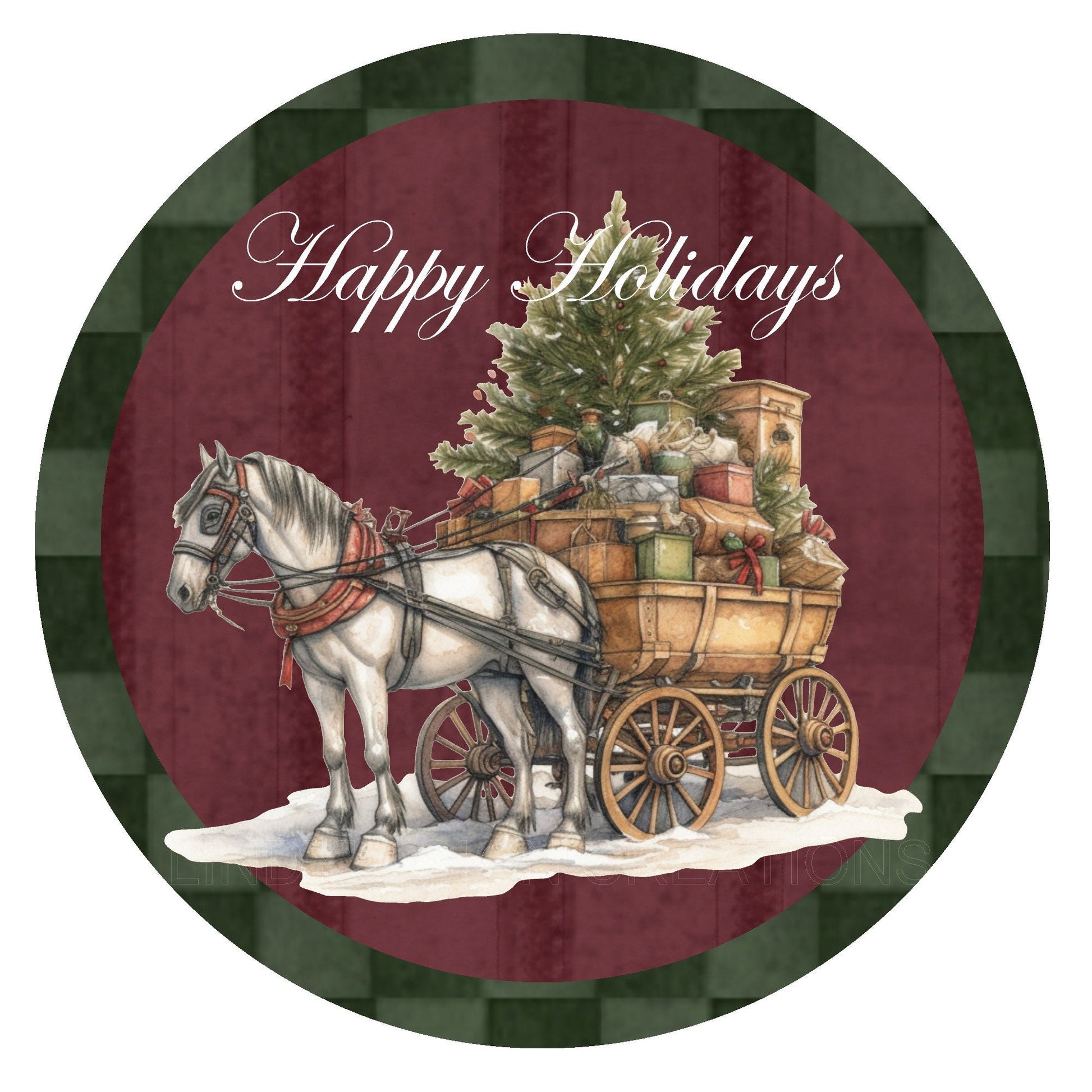 Happy holidays horse and carriage wreath sign, metal wreath sign, round wreath sign, door decor, Lindys sign creations