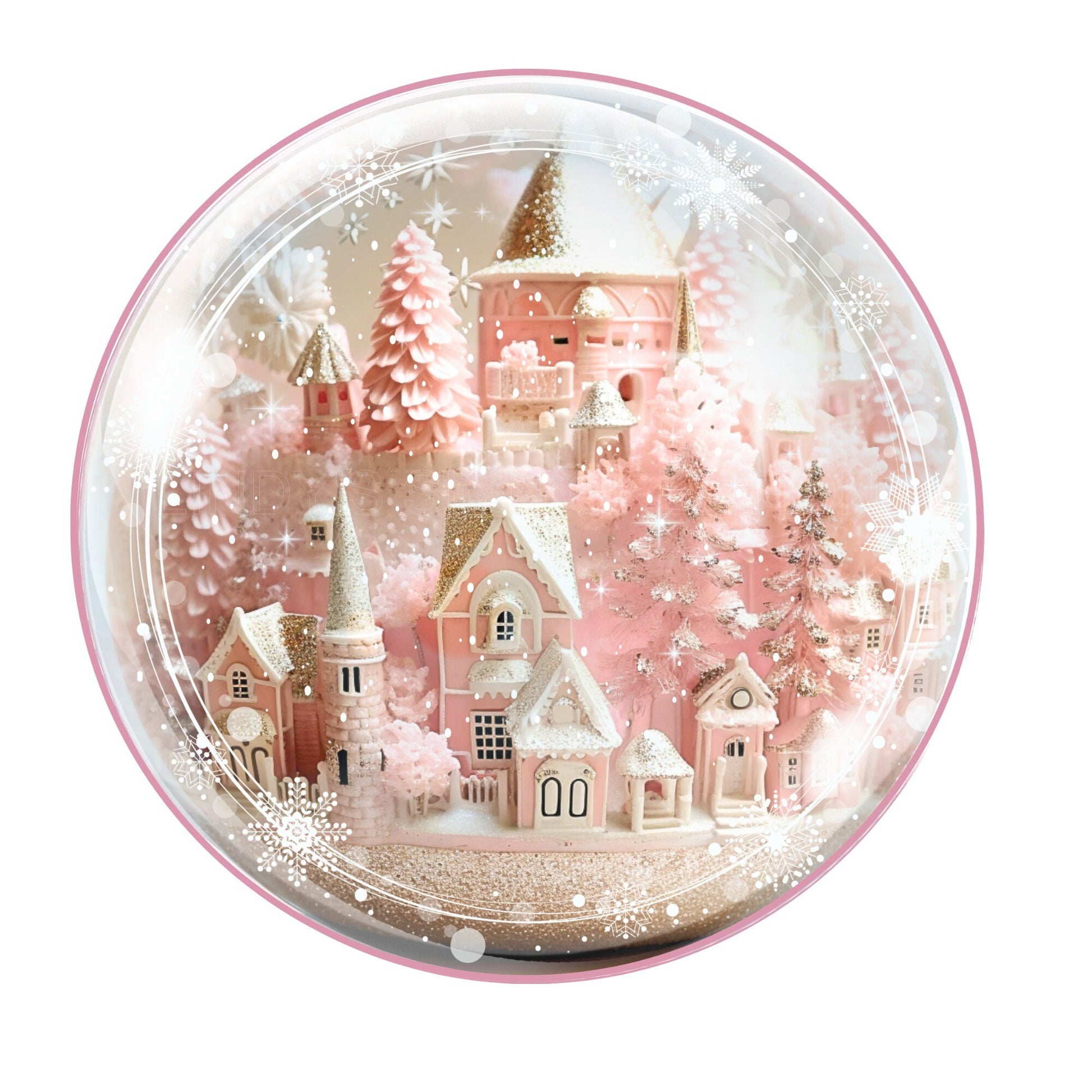 Faux snow globe pink village wreath sign, metal wreath sign, round wreath sign, door decor, Lindys sign creations