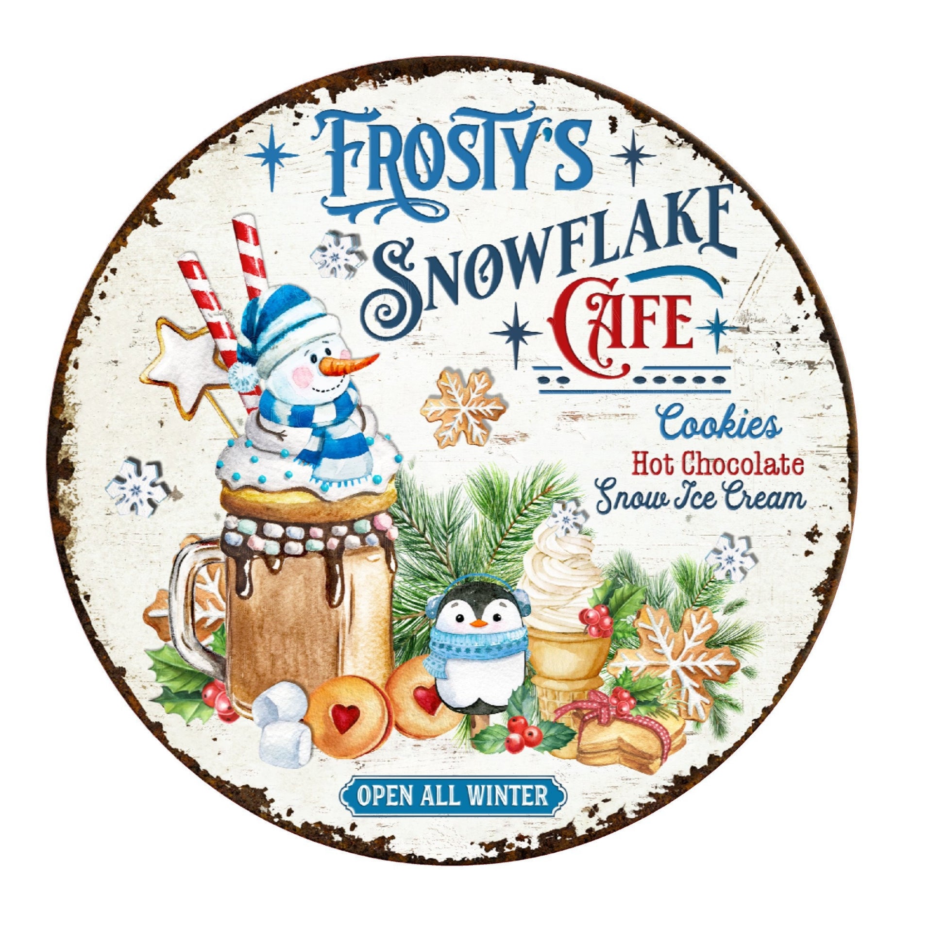 Frosty's snowflake cafe wreath sign, metal wreath sign, round wreath sign, door decor, Lindys sign creations