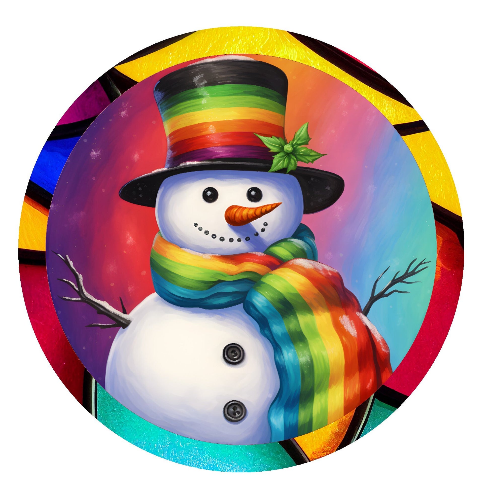 Rainbow snowman wreath sign, metal wreath sign, round wreath sign, door decor, Lindys sign creations