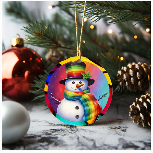 Christmas ornament, ceramic ornament, rainbow snowman ornament, Lindys sign creations