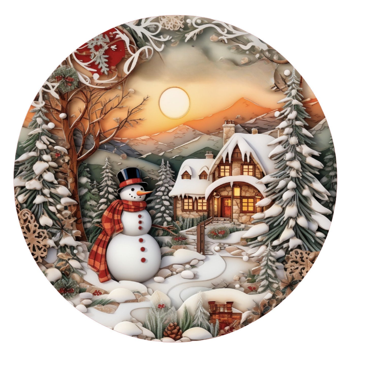 Faux 3D snowman with houses wreath sign, metal wreath sign, round wreath sign, Lindys sign creations