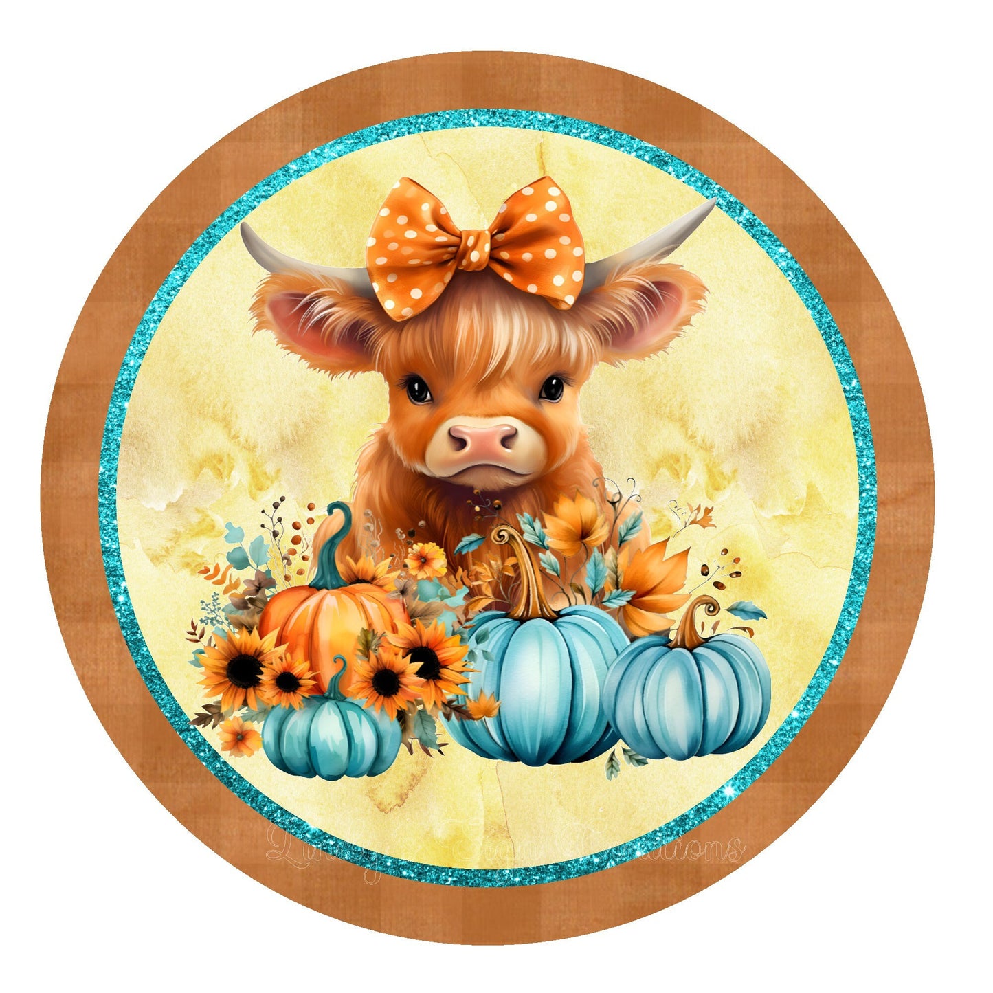 Highland cow with blue pumpkins fall wreath sign, metal wreath sign, round wreath sign, door decor, Lindys sign creations