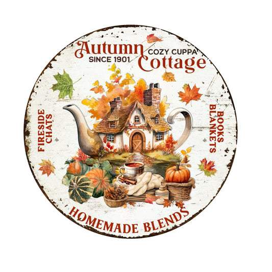 Autumn cottage fall wreath sign, metal wreath sign, round wreath sign, door decor, Lindys sign creations