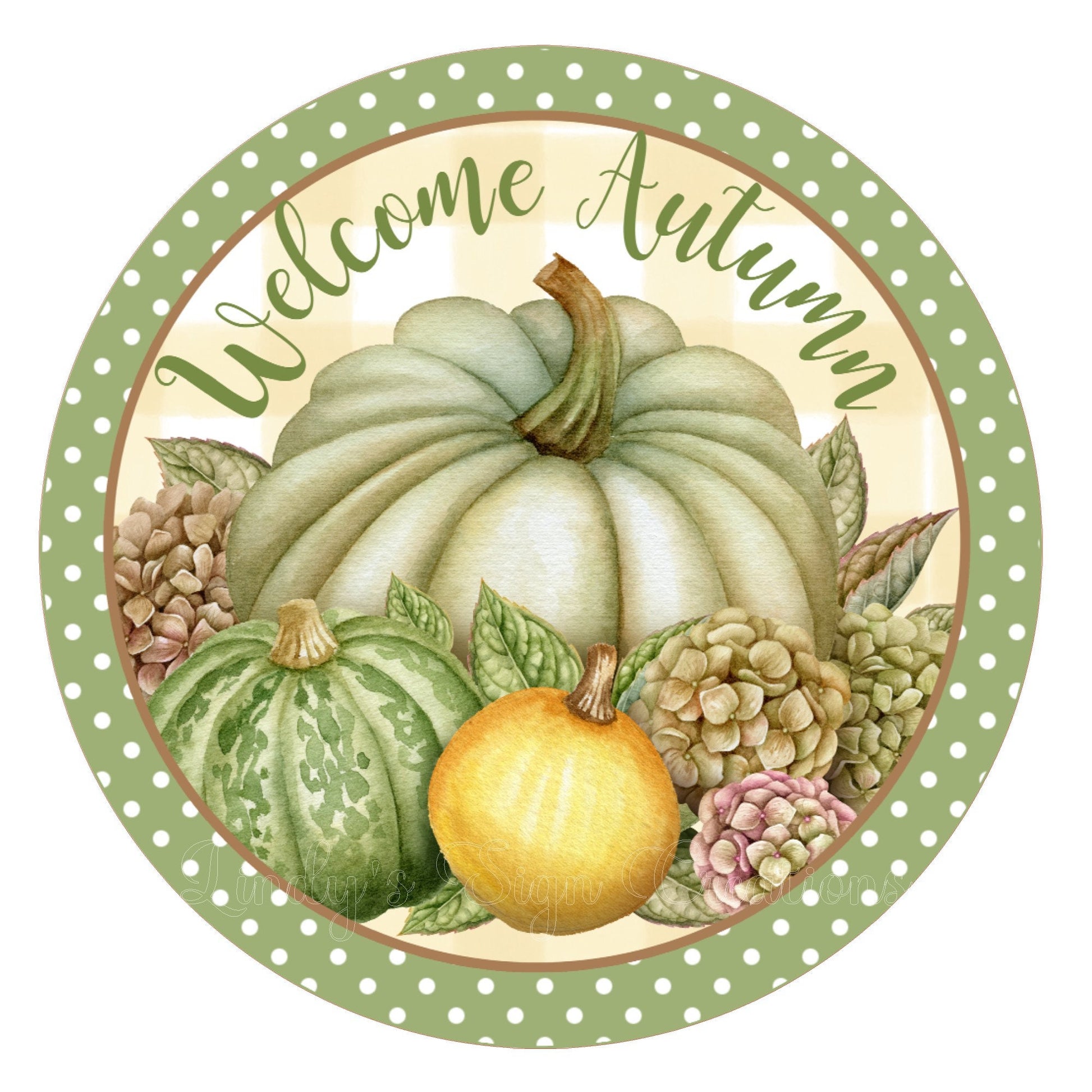 Welcome autumn fall green pumpkin wreath sign, round wreath sign, metal wreath sign, door decor, Lindys sign creations