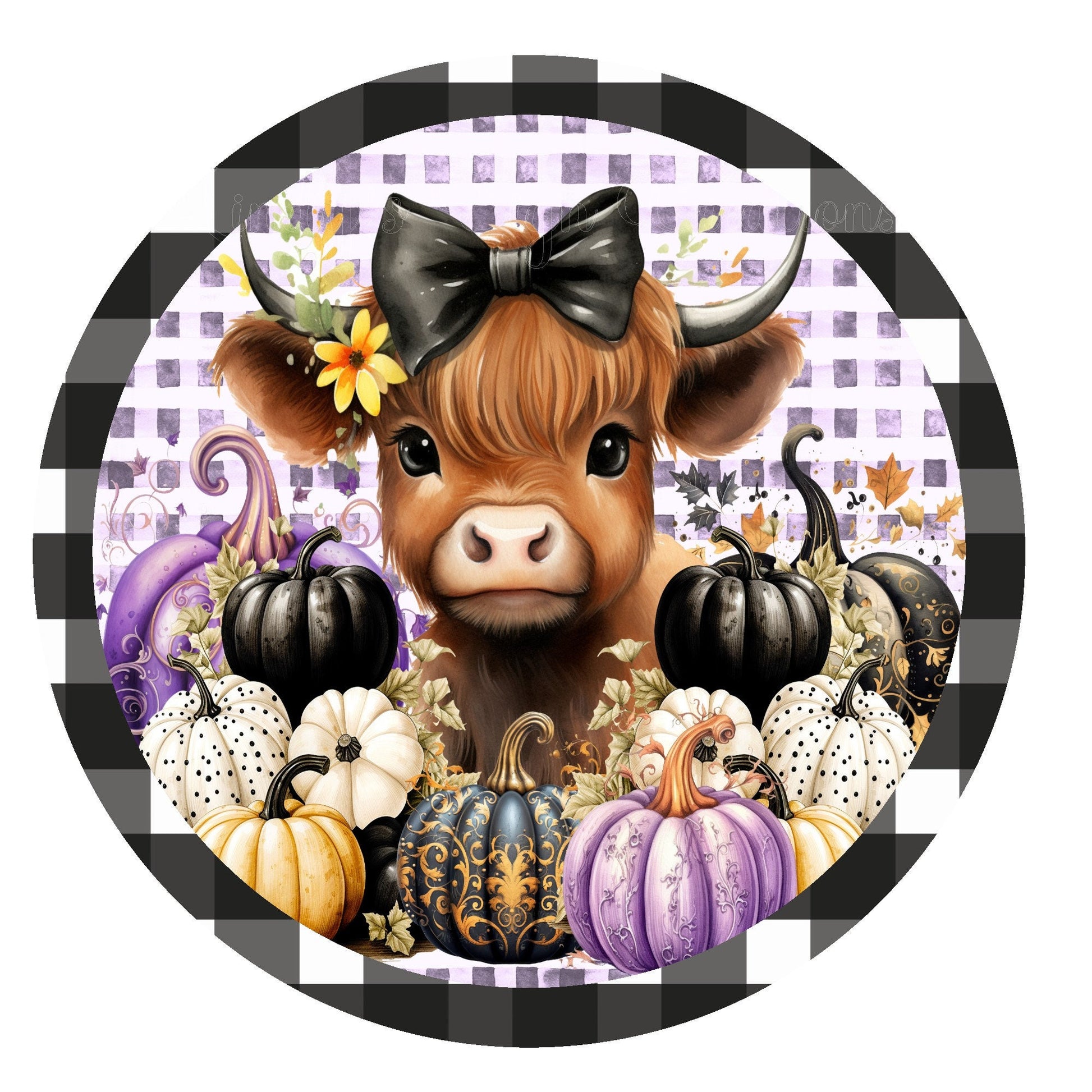 Cute highland cow pumpkin fall wreath sign, metal wreath sign, round wreath sign, Lindys sign creations