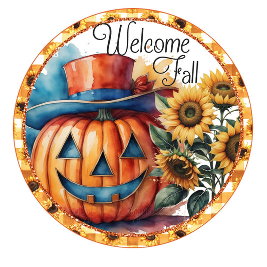 Welcome fall smiling pumpkin wreath sign, round wreath sign, metal wreath sign, door decor, Lindys sign creations