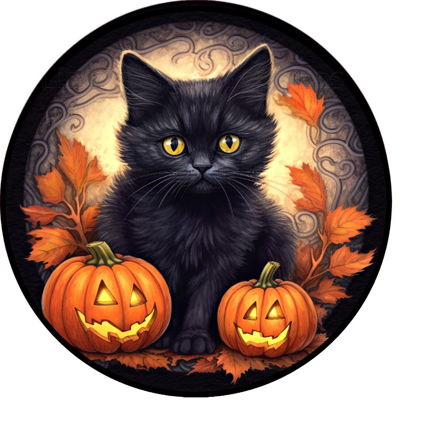 Cute kitty halloween wreath sign, metal wreath sign, round wreath sign, door decor, Lindys sign creations