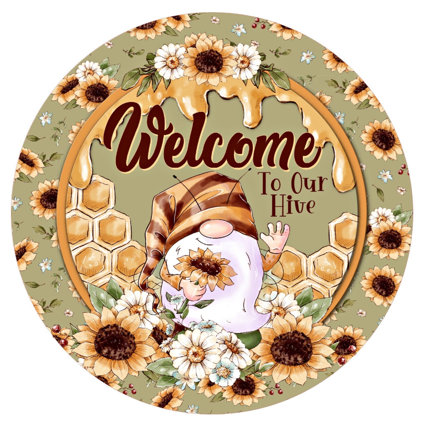 Welcome to our hive gnome wreath sign, metal wreath sign, round wreath sign, door decor, Lindys sign creations