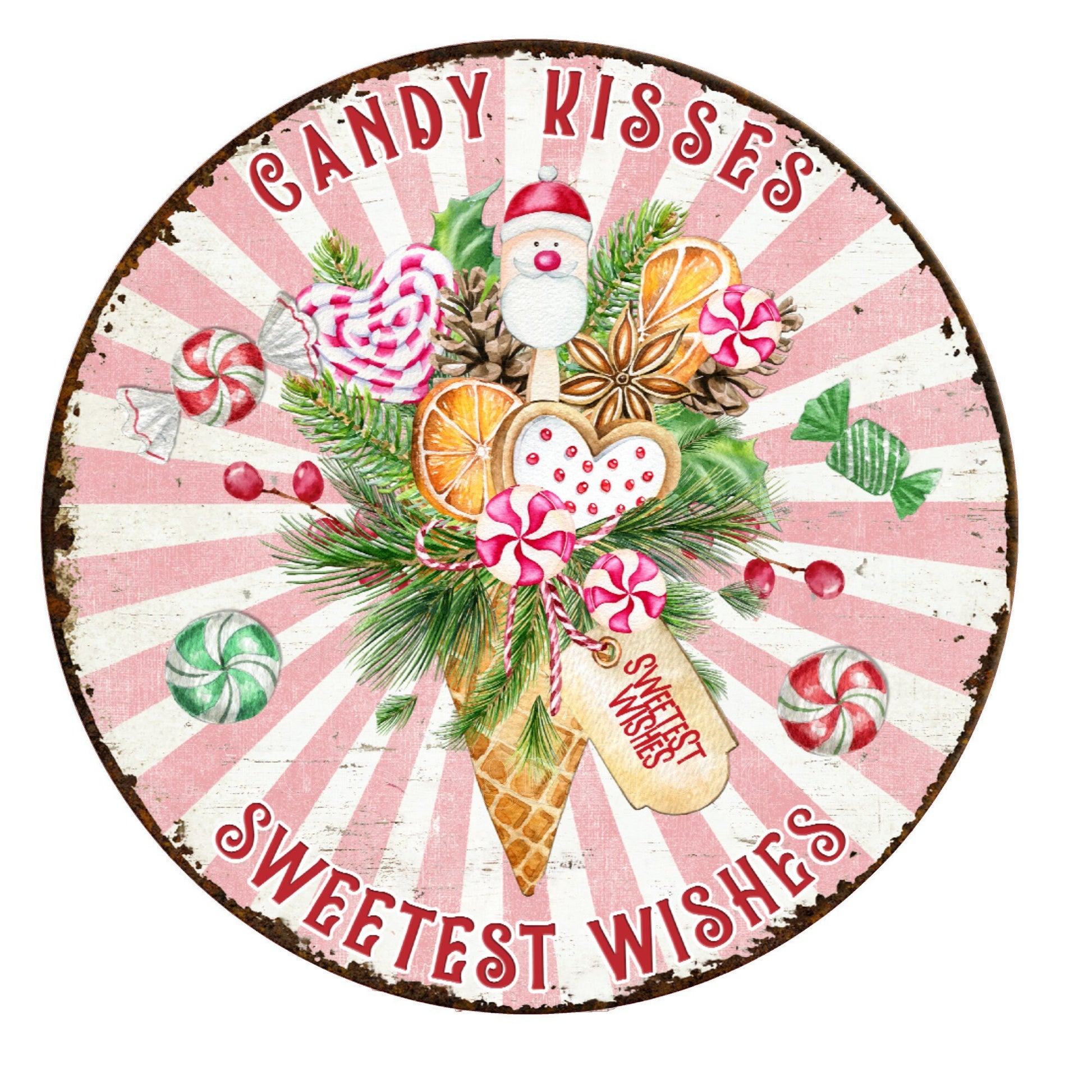 Candy kisses, sweetest wishes wreath sign, metal wreath sign, holiday wreath sign, round wreath sign, Lindys sign creations