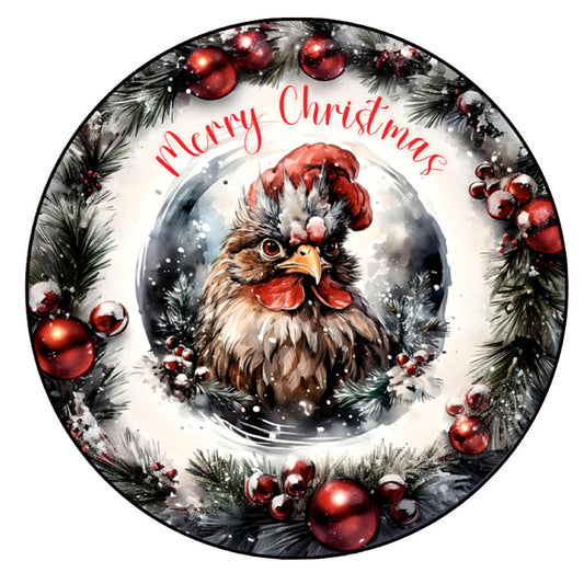 Merry Christmas chicken with Santa hat wreath sign, metal wreath sign, round wreath sign, Lindys sign creations