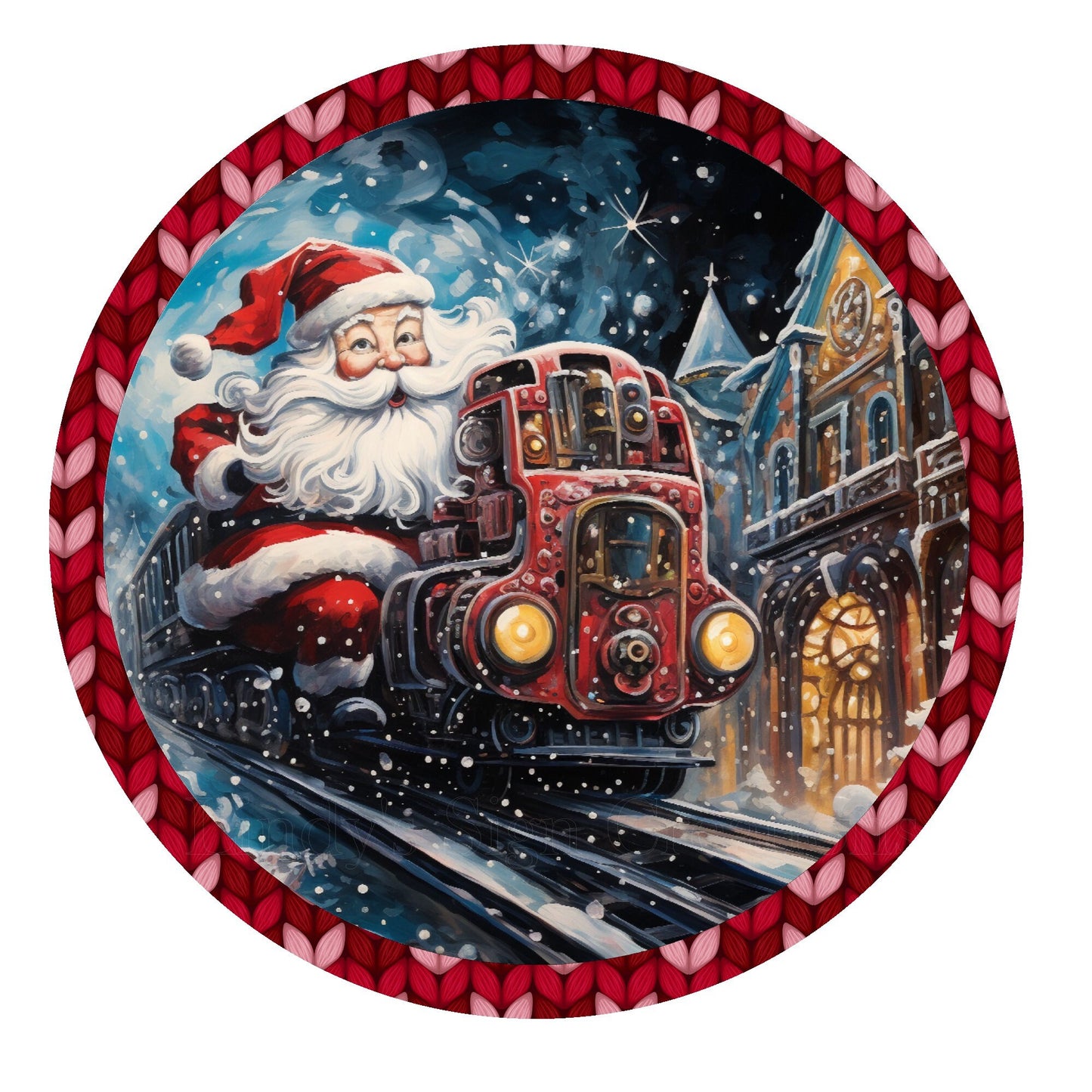 Santa riding train wreath sign, metal wreath sign, Christmas signs, round wreath sign, door decor, Lindys sign creations