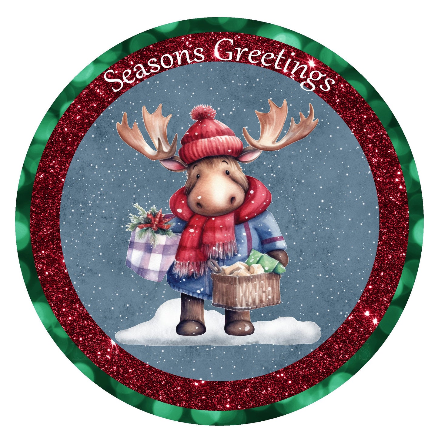 Seasons greetings cute moose wreath sign, metal wreath sign, holiday signs, door decor, Lindys sign creations