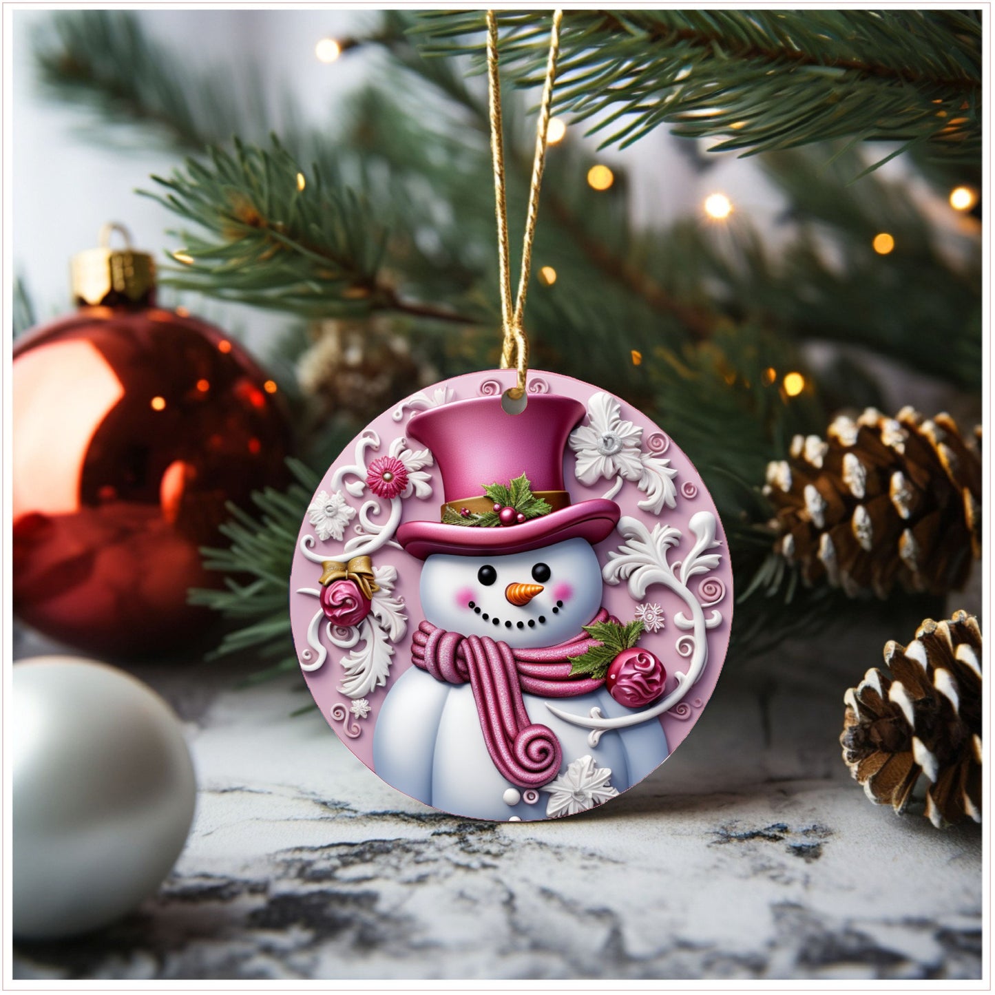 Snowman with pink tophat Christmas ornament, ceramic ornament, Christmas gift, winter ornament, stocking stuffer, Lindys sign creations