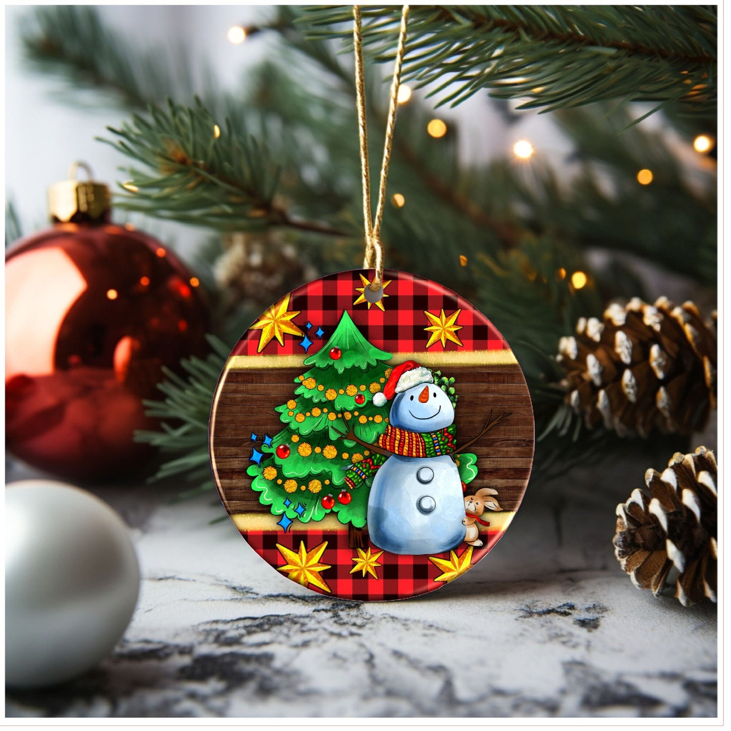 Snowman with Christmas tree Christmas ornament, ceramic ornament, Christms gift, stocking stuffer, Lindys sign creations