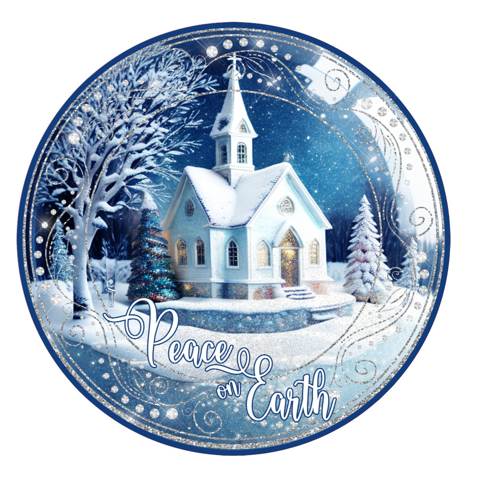 Winter church peace on earth Christmas wreath sign, metal wreath sign, round wreath sign, Lindys sign creations