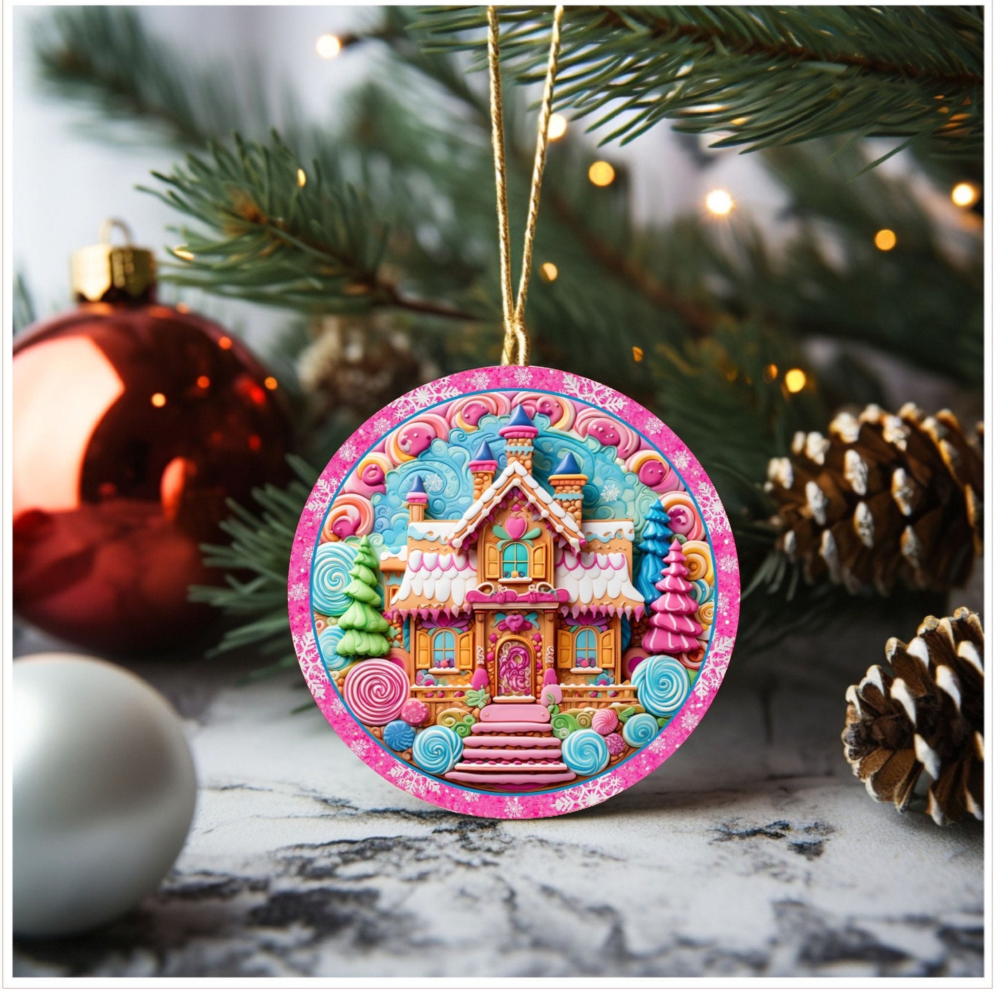 Pink gingerbread house Christmas ornament, ceramic ornament, Christmas gift, Lindys sign creations