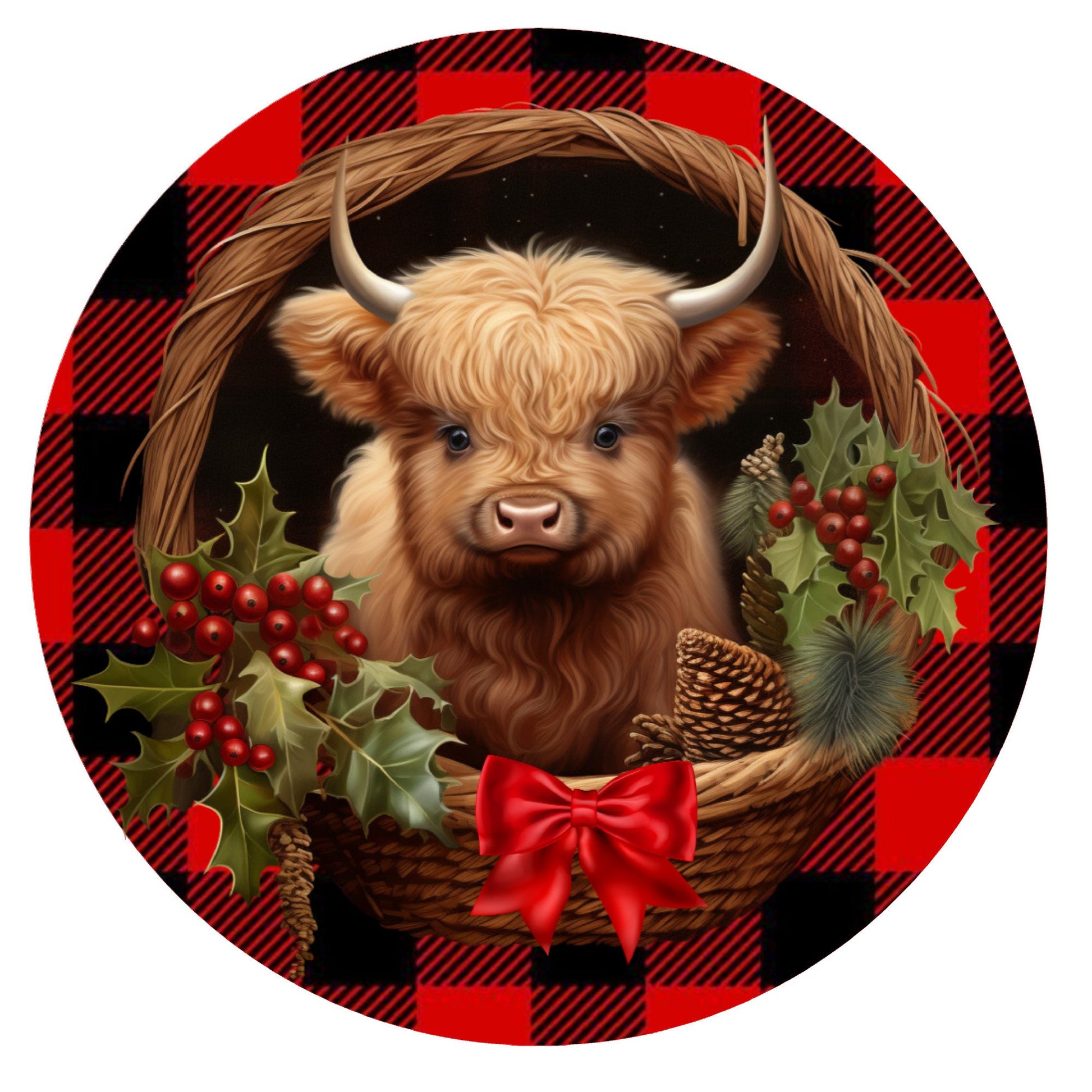 Highland cow Christmas wreath sign, metal wreath sign, round wreath sign, door decor, Lindys sign creations