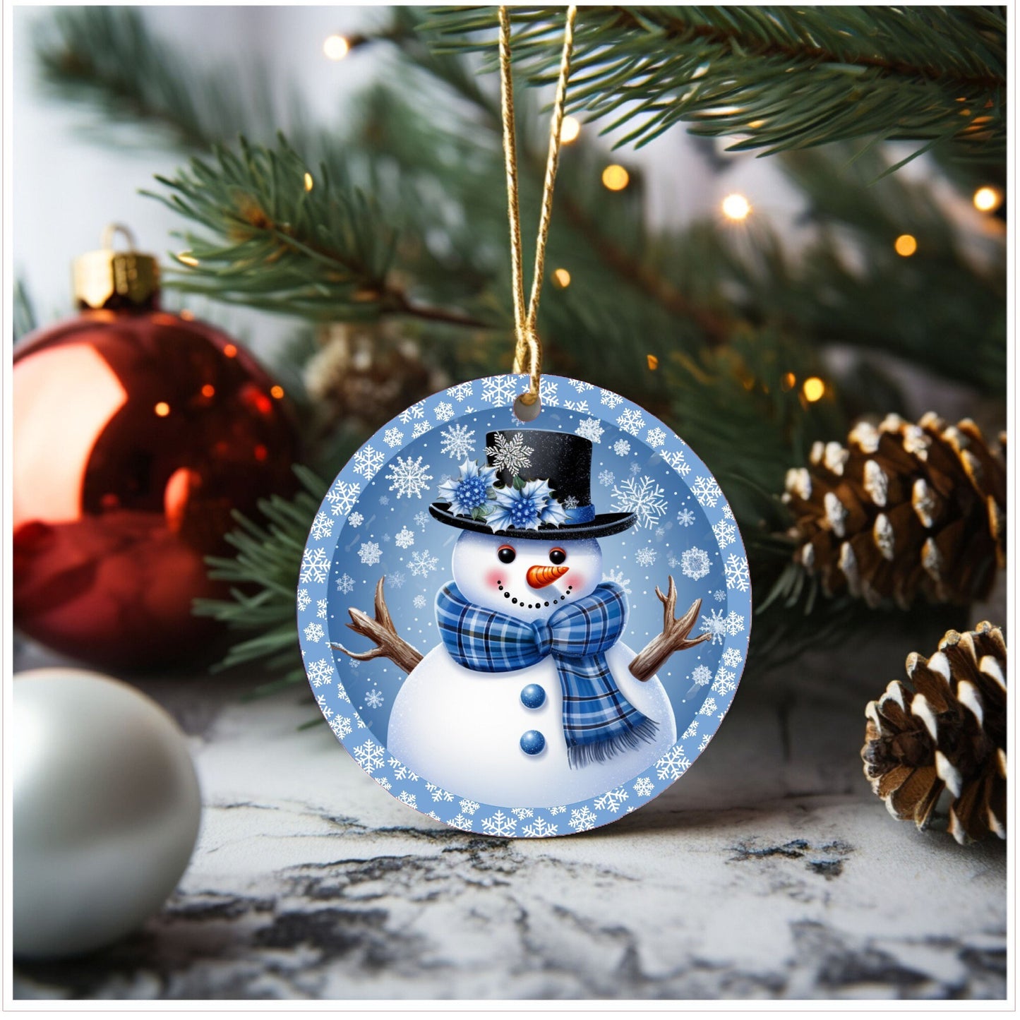 Christmas ornament blue snowman, ceramic ornament, Christmas gift, Lindys sign creations