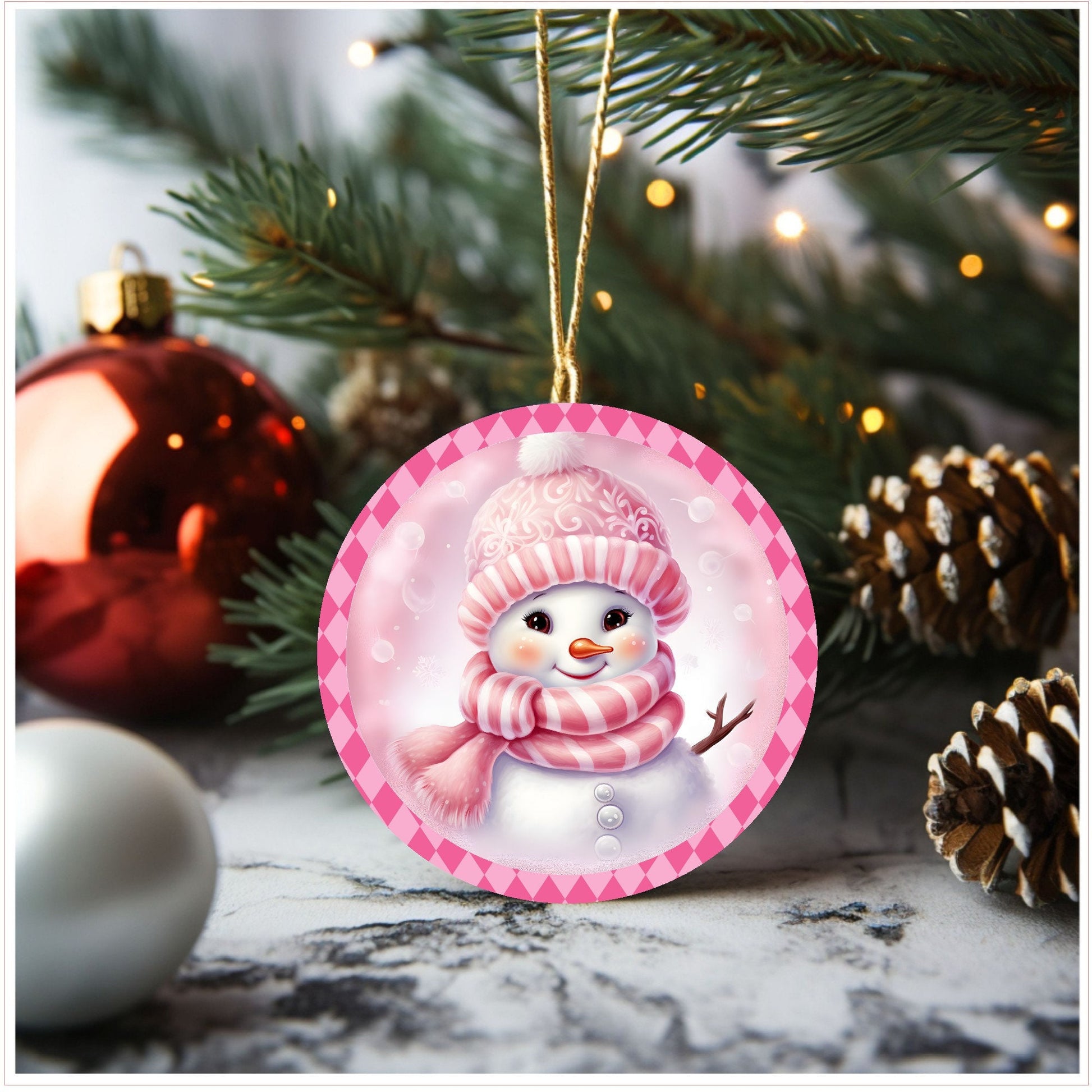 Christmas ornament, pink snow girl ornament, ceramic ornament, Christmas gift, Lindys sign creations