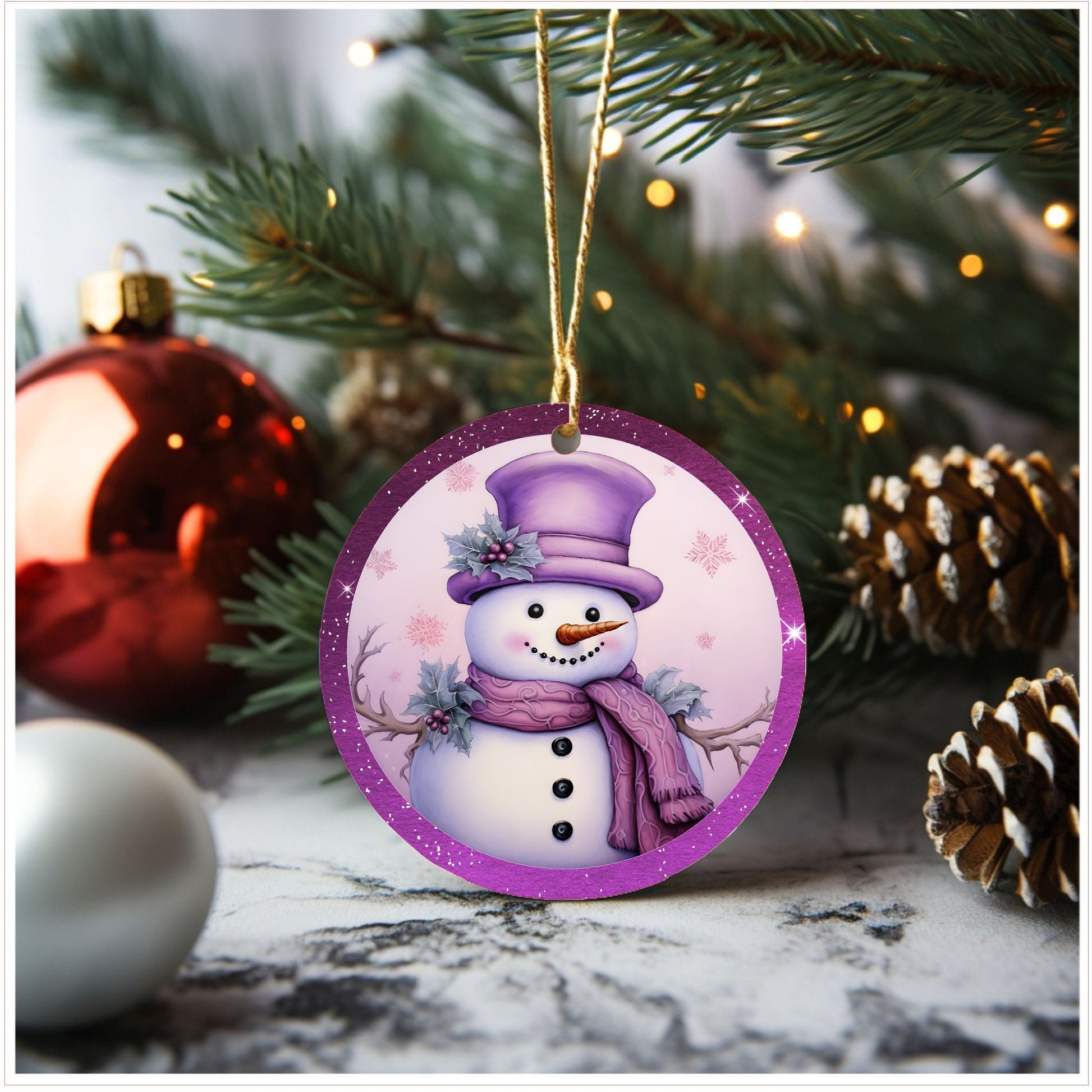 Christmas ornament, ceramic ornament, snowman with purple top hat ornament, Lindys sign creations