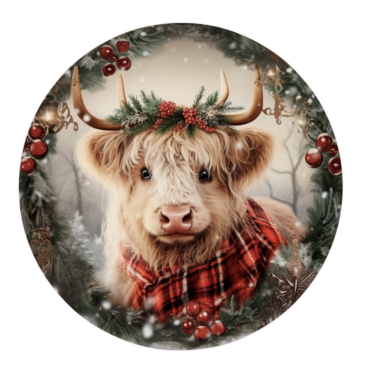 Highland cow Christmas wreath sign, metal wreath sign, round wreath sign, home decor, Lindys sign creations