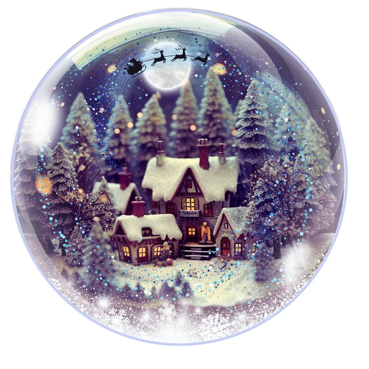 Faux snow globe Santa flying over homes wreath sign, metal wreath sign, round wreath sign, Lindys sign creations