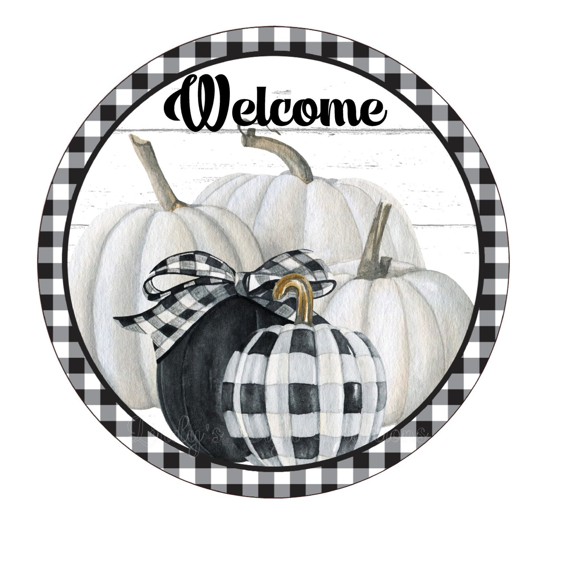 Welcome black and white pumpkins wreath sign, metal wreath sign, round wreath sign, door decor, Lindys sign creations