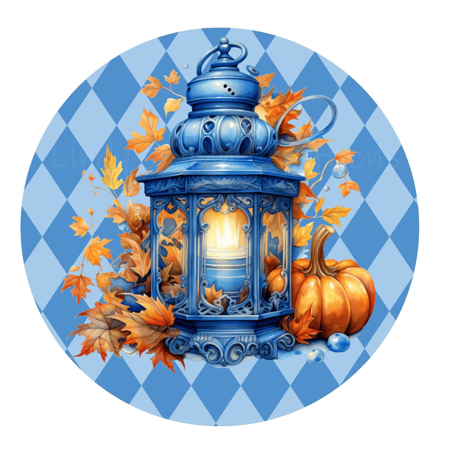 Fall blue lantern and pumpkins wreath sign, metal wreath sign, round wreath sign, door decor, Lindys sign creations