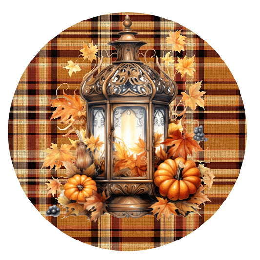 Fall lantern and pumpkins wreath sign, metal wreath sign, round wreath sign, door decor, Lindys sign creations