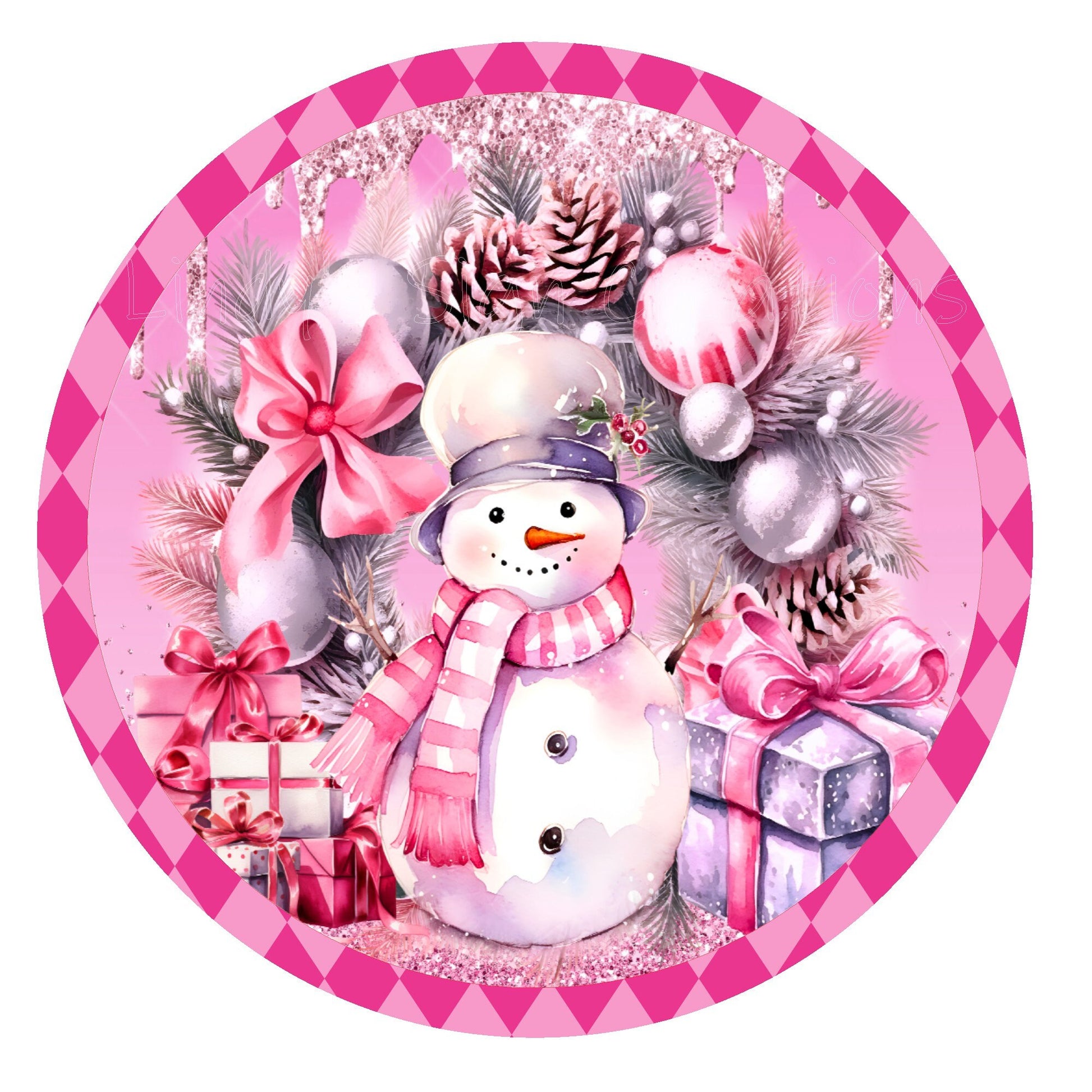 Pink snowman and gifts wreath sign, metal wreath sign, round wreath sign, Lindys sign creations